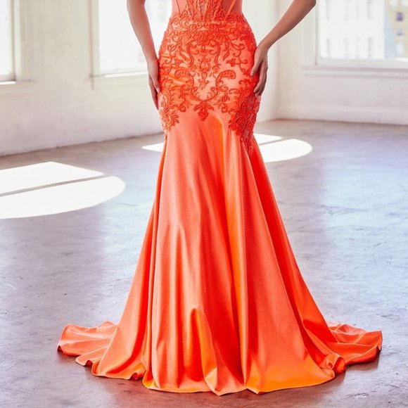 NEW LONG FORMAL PROM MERMAID SATIN GOWN EMBROIDERED WITH LACE & SEQUINS CDS470 - Picture 10 of 10